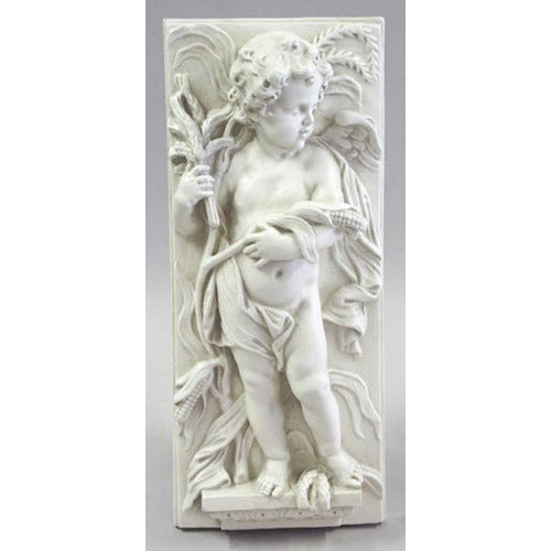 Cherub relief sculpture in classical Baroque style with ornate detailing, holding a sheaf of wheat and surrounded by foliage.