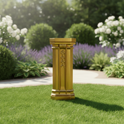 Ornate pedestal with classical old world European design, featuring geometric and floral motifs in a Baroque-inspired architectural style. Side Angle