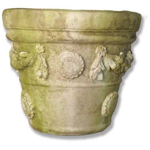 Ornate old world European planter with classical garland and medallion reliefs in a weathered, antique Baroque style.