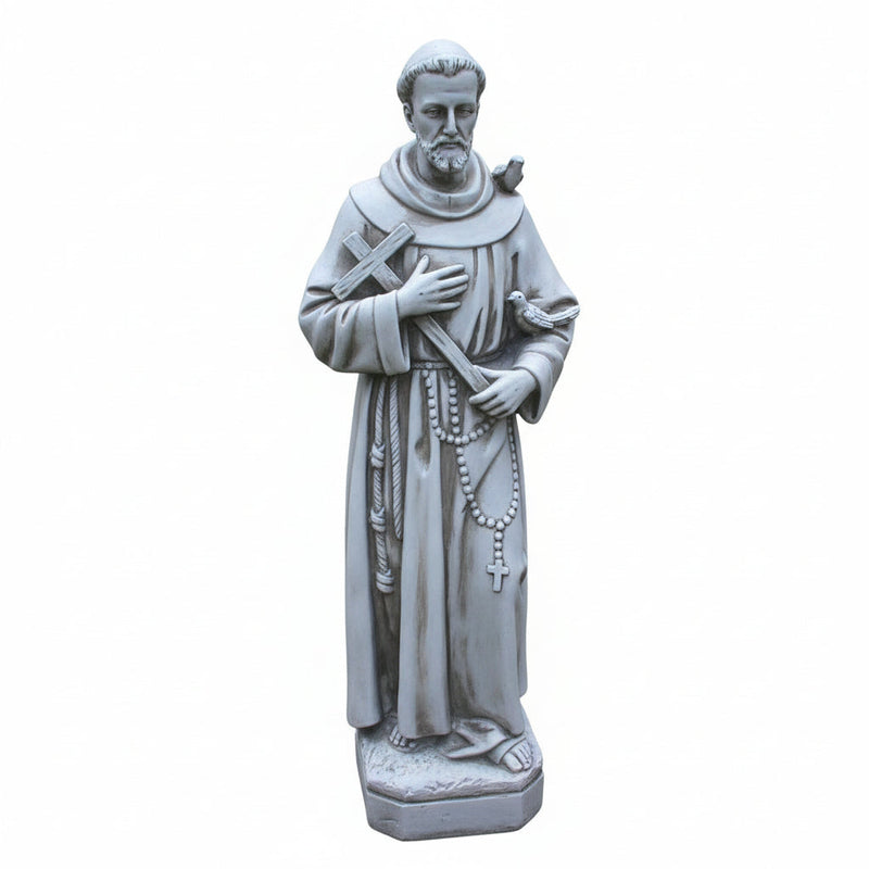 Saint Francis statue in classical old world European style, holding a cross and rosary, adorned with birds, featuring ornate details.