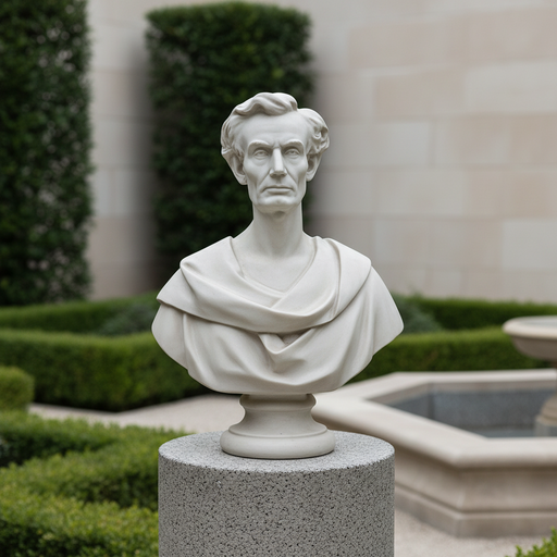 Classical bust sculpture with old world European style, featuring detailed drapery and a dignified, lifelike expression. Side Angle