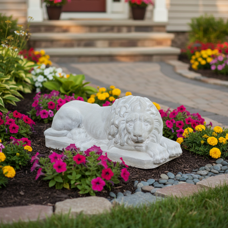Baroque-style reclining lion statue with detailed mane and expressive face, evoking old world European classical sculpture. Side Angle