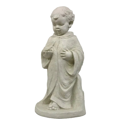 Child angel statue in classical old world European style, featuring ornate robe and serene expression, reminiscent of Renaissance art.