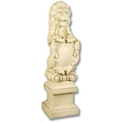 Lion statue with ornate shield, classical pedestal base, and old world European Baroque detailing, evoking a regal, medieval theme.