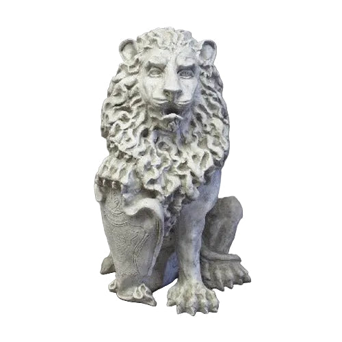Regal lion statue with ornate mane and shield, featuring classical old world European and Baroque detailing.