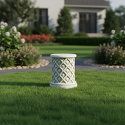 Ornate cylindrical pedestal with classical lattice pattern and old world European architectural detailing. Side Angle