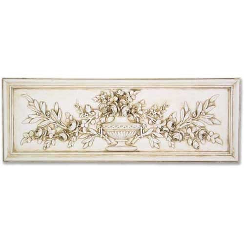 Ornate classical panel featuring a central urn with Baroque floral and fruit garlands in an old world European relief design.