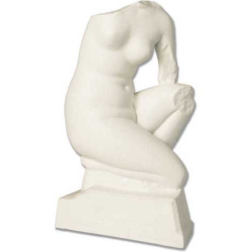 Classical Greek-style headless and armless female torso sculpture in a kneeling pose with ornate, old world European detailing.