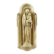 Madonna and Child statue in old world European style with ornate, classical detailing and arched Gothic-inspired backdrop.