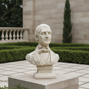 Classical old world European bust sculpture with ornate detailing, featuring a distinguished gentleman in Renaissance attire. Side Angle