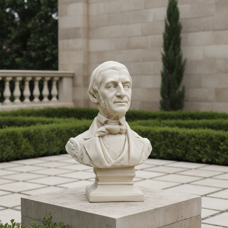 Classical old world European bust sculpture with ornate detailing, featuring a distinguished gentleman in Renaissance attire. Side Angle