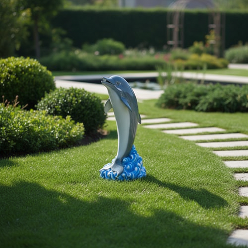Dolphin figurine in classical style leaping above ornate swirling waves with old world European decorative detailing. Side Angle