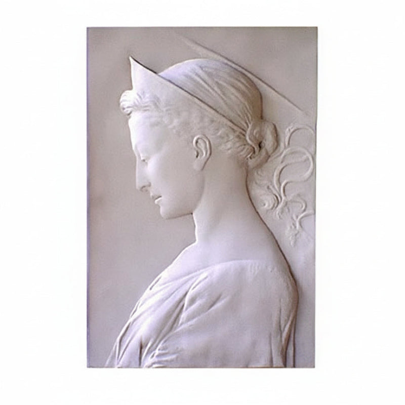 Classical Renaissance-style bas-relief of a woman in profile with delicate features, draped garment, and ornate headpiece.