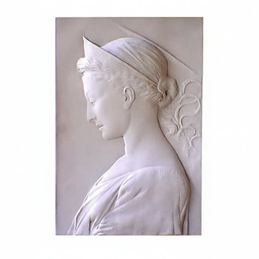 Classical Renaissance-style bas-relief of a woman in profile with delicate features, draped garment, and ornate headpiece.