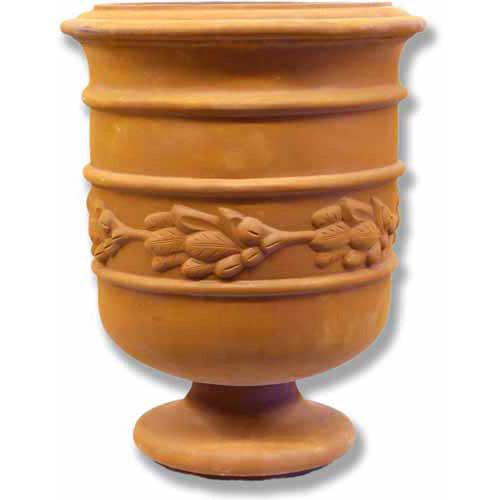 Ornate classical urn planter with raised laurel leaf motif and old world European design, featuring rounded Baroque-inspired contours.