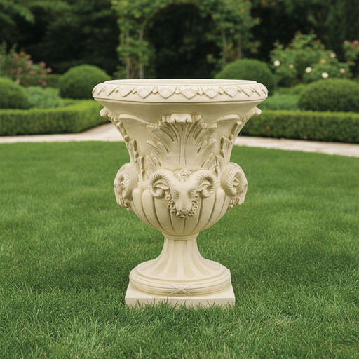 Ornate classical urn with Baroque detailing, featuring sculpted ram heads and intricate leaf motifs in old world European style. Side Angle