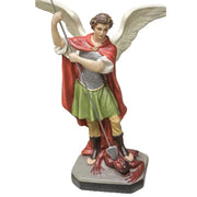 Archangel with flowing cape and ornate armor in classical style, standing over a dragon, holding a spear in dramatic pose. Side View