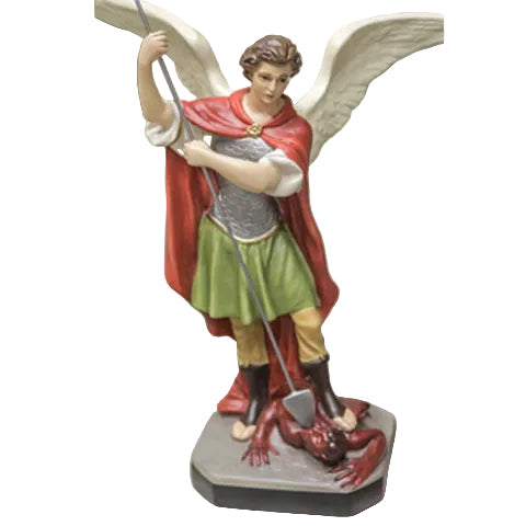 Archangel with flowing cape and ornate armor in classical style, standing over a dragon, holding a spear in dramatic pose. Side View