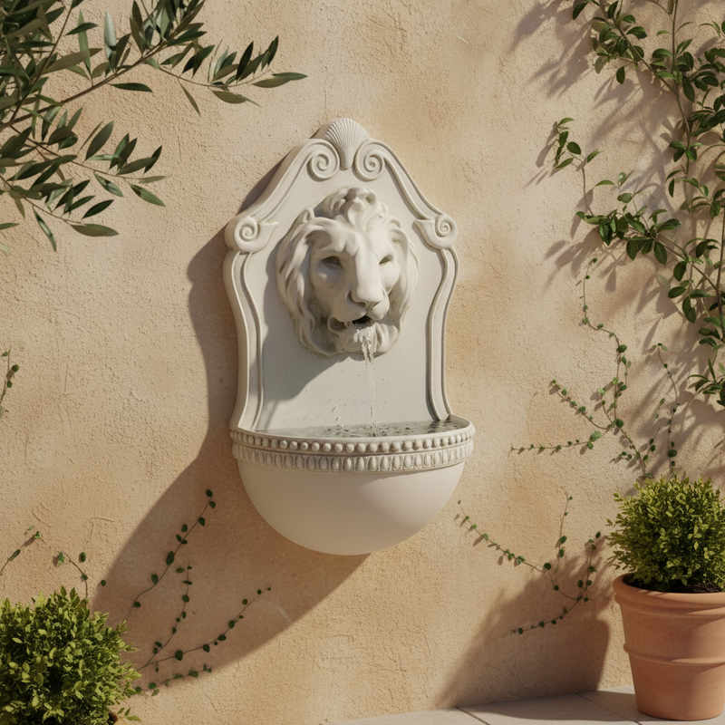 Lion head wall fountain with ornate classical detailing and old world European Baroque style, featuring a sculpted lion’s face. Side Angle