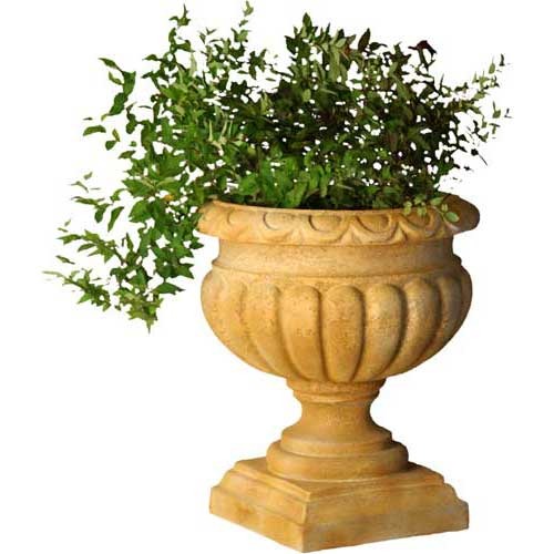 Ornate old world European urn planter with classical fluted detailing and leafy greenery, set on a square pedestal base.