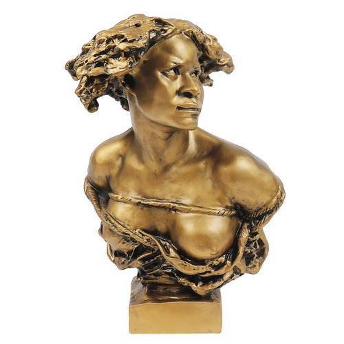Bust of a woman with expressive face and flowing hair, featuring ornate, classical old world European sculptural details. Side Angle