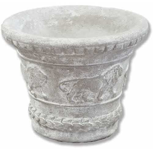 Ornate classical planter with raised lion motifs and laurel leaf detailing, inspired by old world European and Renaissance design.