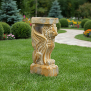 Winged lion corbel with classical old world European and Renaissance ornate detailing, featuring intricate carved scrollwork. Side Angle