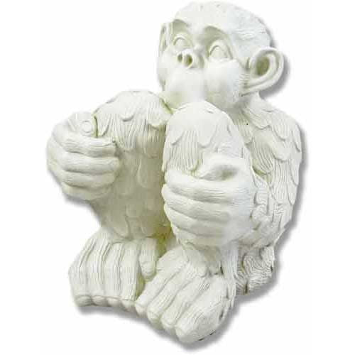 Monkey statue in a seated pose with knees drawn up, featuring ornate, old world European sculptural details and classical styling.