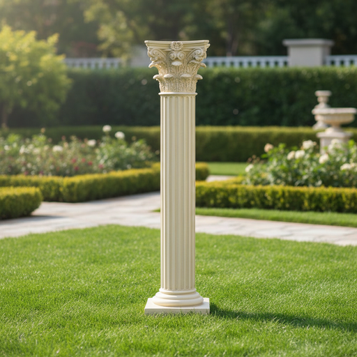 Corinthian column with ornate acanthus leaf capital, fluted shaft, and classical old world European architectural detailing. Side Angle