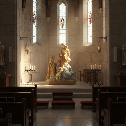 Madonna and Child with kneeling figure and dog, ornate old world European style, classical religious sculpture with Baroque details. Side Angle