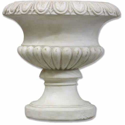 Ornate classical urn with Baroque detailing, fluted base, and decorative rim in old world European style.