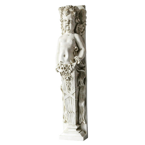 Cherub statue with classical Baroque detailing, ornate floral accents, and Renaissance-inspired column pedestal. Side View