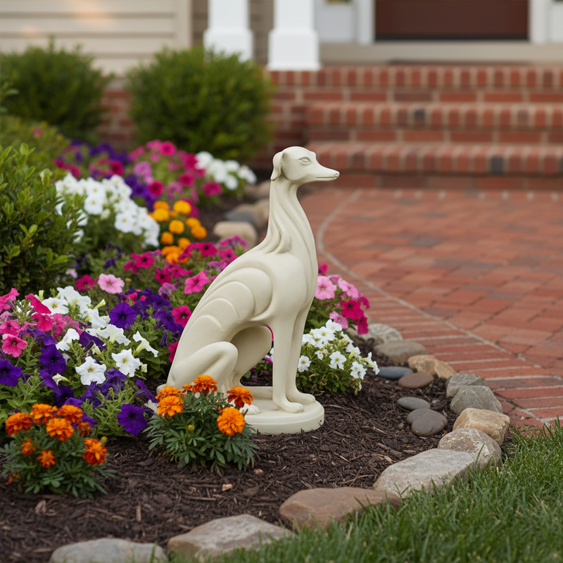 Greyhound statue with classical, old world European style and elegant, sculpted details in a seated pose on a rounded base. Side Angle