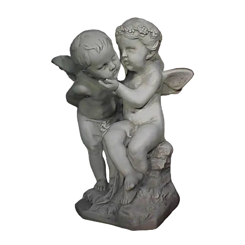 Cherub statue in old world European style with one cherub seated and another leaning in, featuring ornate Baroque detailing.