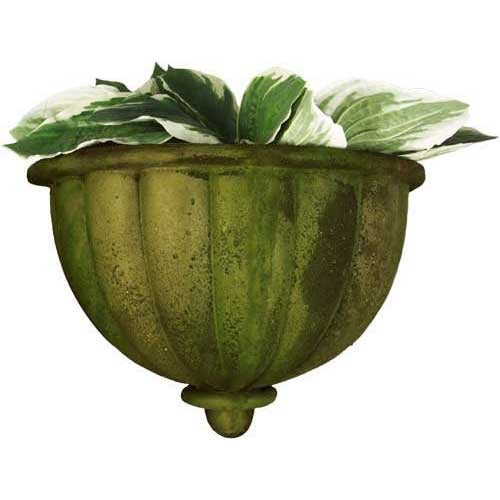 Wall-mounted planter with fluted, scalloped design in old world European style, featuring lush foliage for a classical garden look.