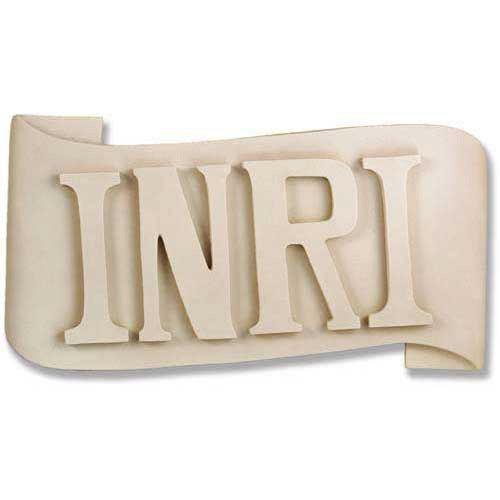 INRI plaque with bold, classical raised lettering on an ornate, scroll-shaped background in old world European style. Side View