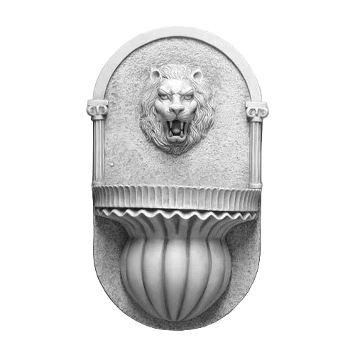 Lion head wall fountain with classical arch, ornate fluted basin, and old world European architectural detailing.