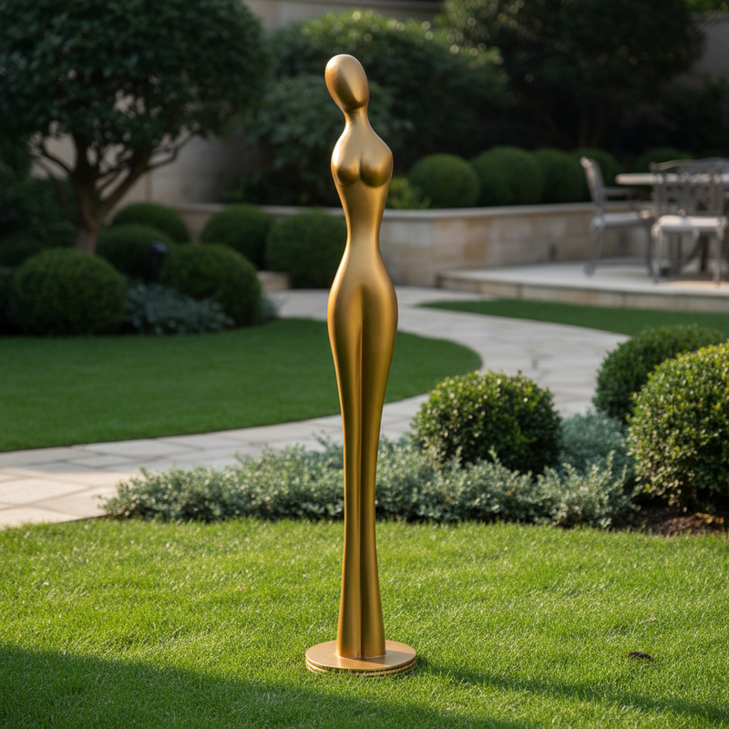 Abstract female figure sculpture with elongated form, smooth contours, and minimalist, old world European-inspired design. Side Angle