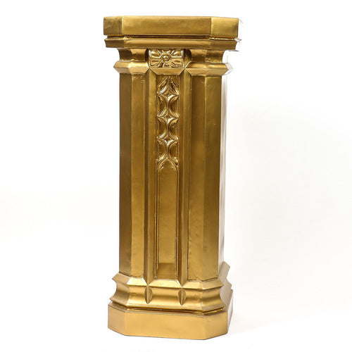 Ornate pedestal with classical old world European design, featuring geometric and floral motifs in a Baroque-inspired architectural style. Side View