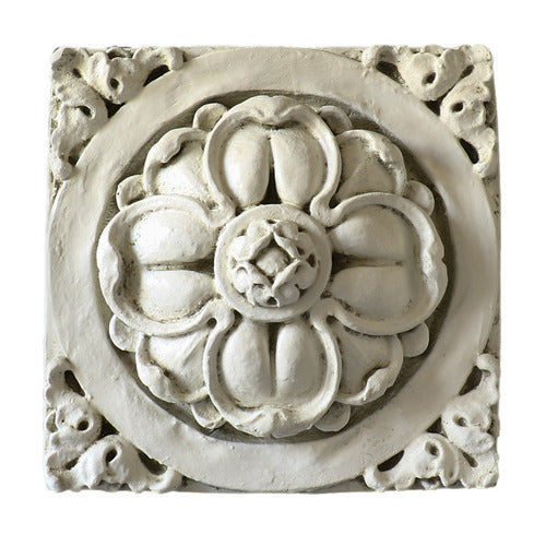 Ornate square medallion with classical old world European floral motif and intricate Baroque scrollwork border.