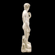 Classical Renaissance male statue with detailed anatomy, curly hair, and contrapposto stance on a rectangular base. Other Angle