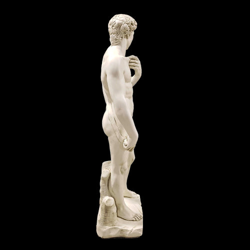Classical Renaissance male statue with detailed anatomy, curly hair, and contrapposto stance on a rectangular base. Other Angle