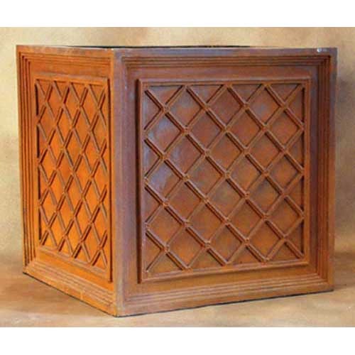 Square planter with ornate lattice panels and classical old world European design, featuring raised geometric detailing and framed edges. Side Angle