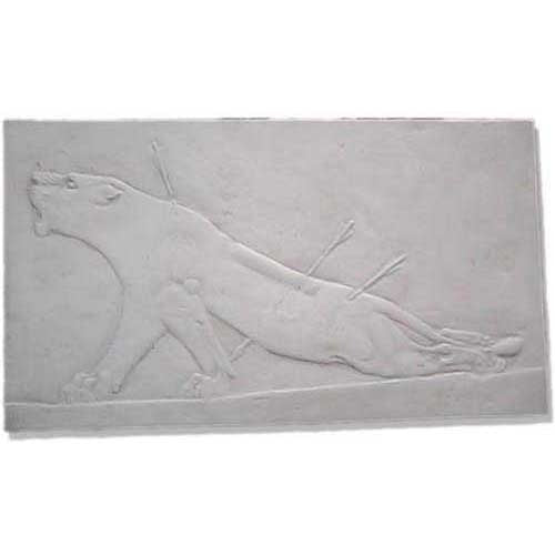 Wounded panther in classical relief style, shown with arrows in its body, evoking ancient Greek and old world European themes.