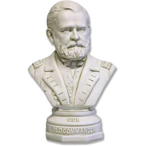 Classical old world European bust of a bearded man in military uniform with ornate detailing and “Our Old Commander” inscription.