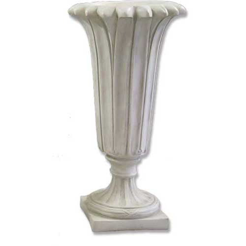 Ornate classical urn with fluted body, scalloped rim, and pedestal base in old world European style.