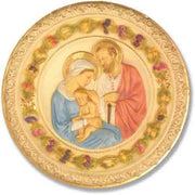 Holy family in classical Renaissance style, ornate round plate with intricate border and grapevine motif, old world European theme