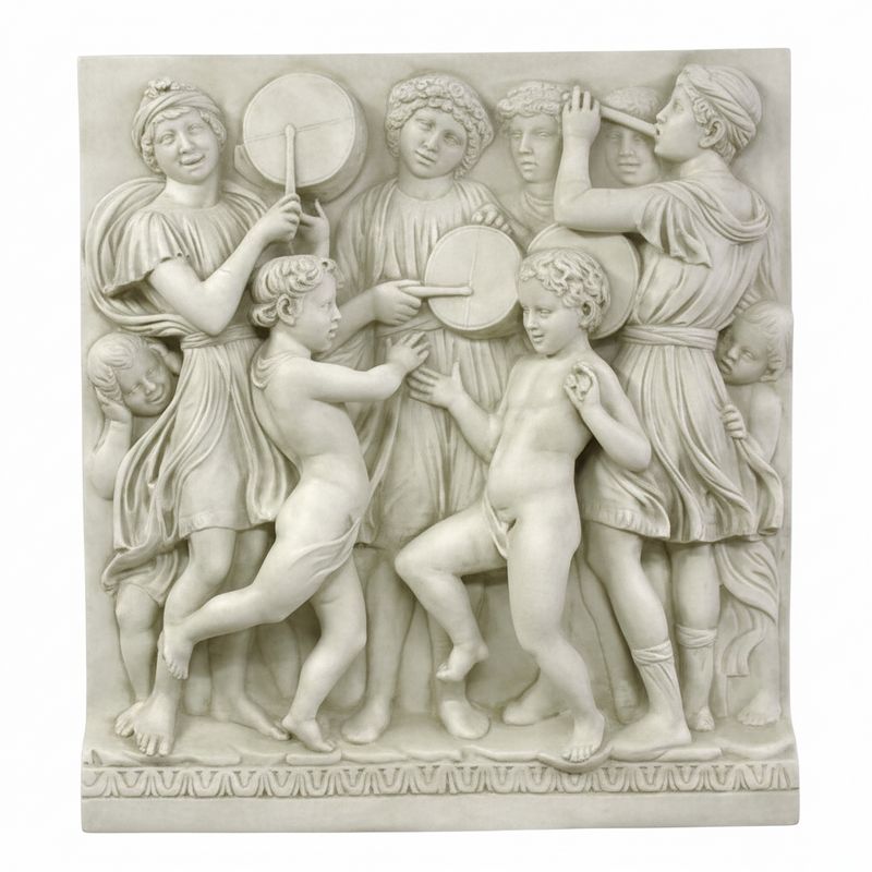 Classical Renaissance relief sculpture depicting dancing children and adults in flowing robes with ornate, old world European detailing. Side View