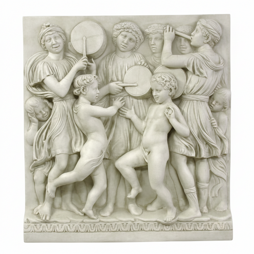 Classical Renaissance relief sculpture depicting dancing children and adults in flowing robes with ornate, old world European detailing. Side View