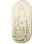 Classical bas-relief wall plaque featuring a woman in Renaissance style, kneeling by a jug amid ornate, old world European details.